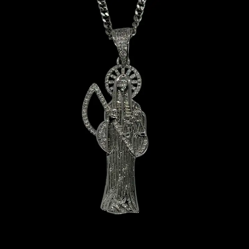 14k White Gold Plated Gothic Charm Santa Muerte Scythe CZ Pendant Necklace, Daily Wear Chain Jewelry Necklaces