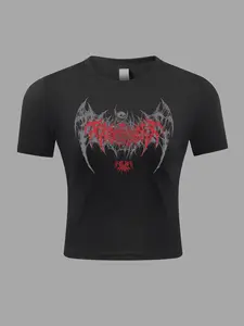 Women's Skull Wing Print Round Neck Crop Sports Tee, Quick Drying Breathable Tight-fitting Sports T-shirt, Ladies Sportswear for Yoga Running Gym Training, Athletic Top