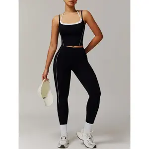 Women’s colorblock 2-in-1 sports cami top and leggings tracksuit set, casual sleeveless top and skinny pants two-piece set for yoga gym workout, ladies sportswear for spring and fall, yoga clothes set, gym wear