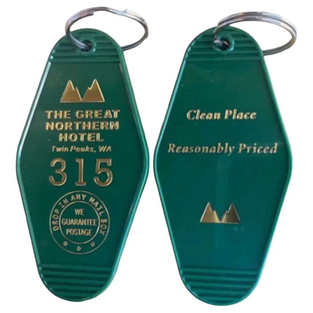 mountain version Twin Peaks Inspired "GREAT NORTHERN HOTEL keychain - Green with Gold Lettering keytag/keyfob