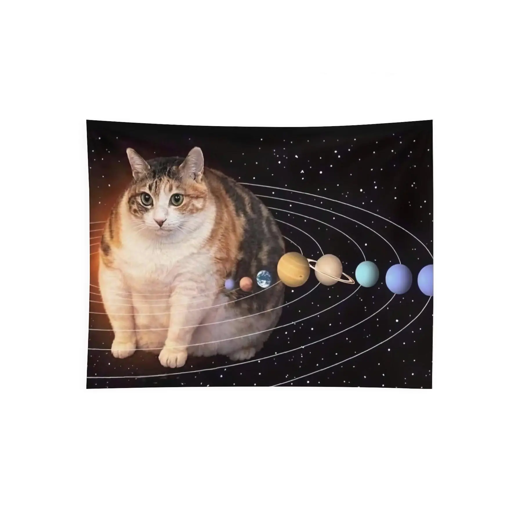 Funny Chubby Cat Solar System Wall Tapestry, Cosmic Space Meme Art for Bedroom Dorm Room Decor