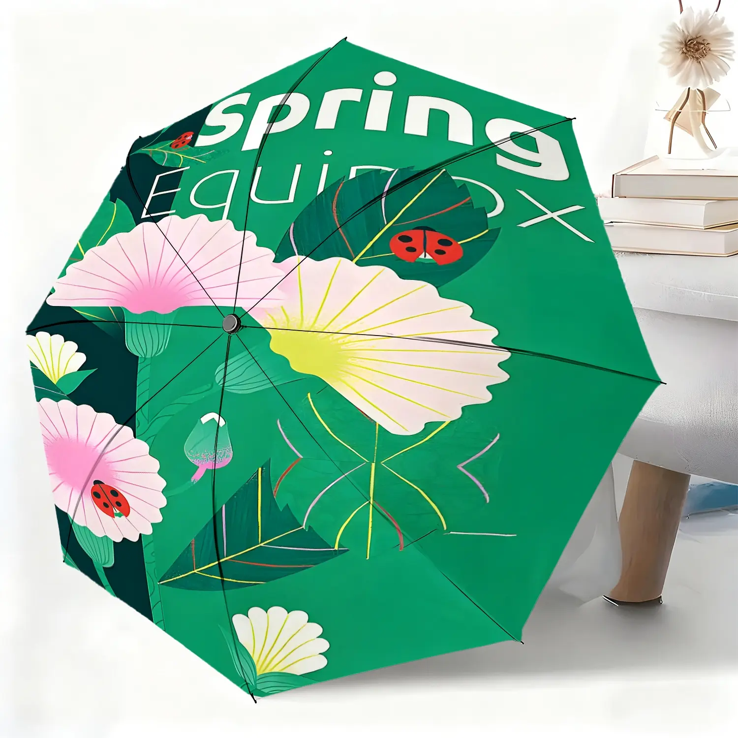 Spring Equinox floral, green leaf, and ladybug decorative painting waterproof folding umbrella, suitable for both men and women, portable and suitable for travel and daily use.