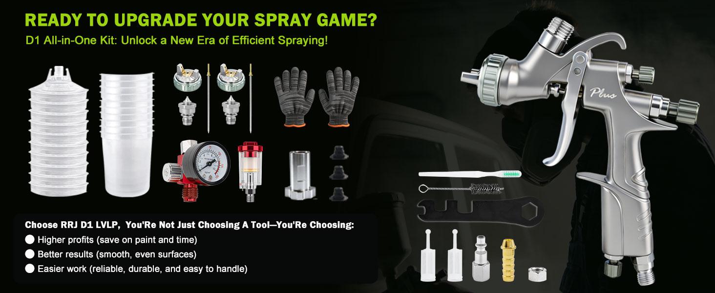 D1 paint LVLP spray gun 1.3/1.5/1.7mm one-time pot set, A610 upgraded version, with ergonomic design, suitable for vehicle primer and topcoat, furniture painting, and refurbishment spraying. Cordless Sprayer Power nozzle