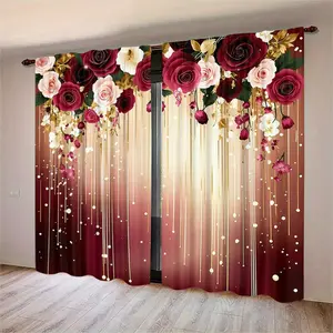 2pc, wine red rose gold tassel lightweight luxury print pattern, 2D flat. Adopted with pocket rod installation, digital printed Window Drapes, home decorative curtain, suitable for living room, closet, bedroom, study, dining room, and home decoration.