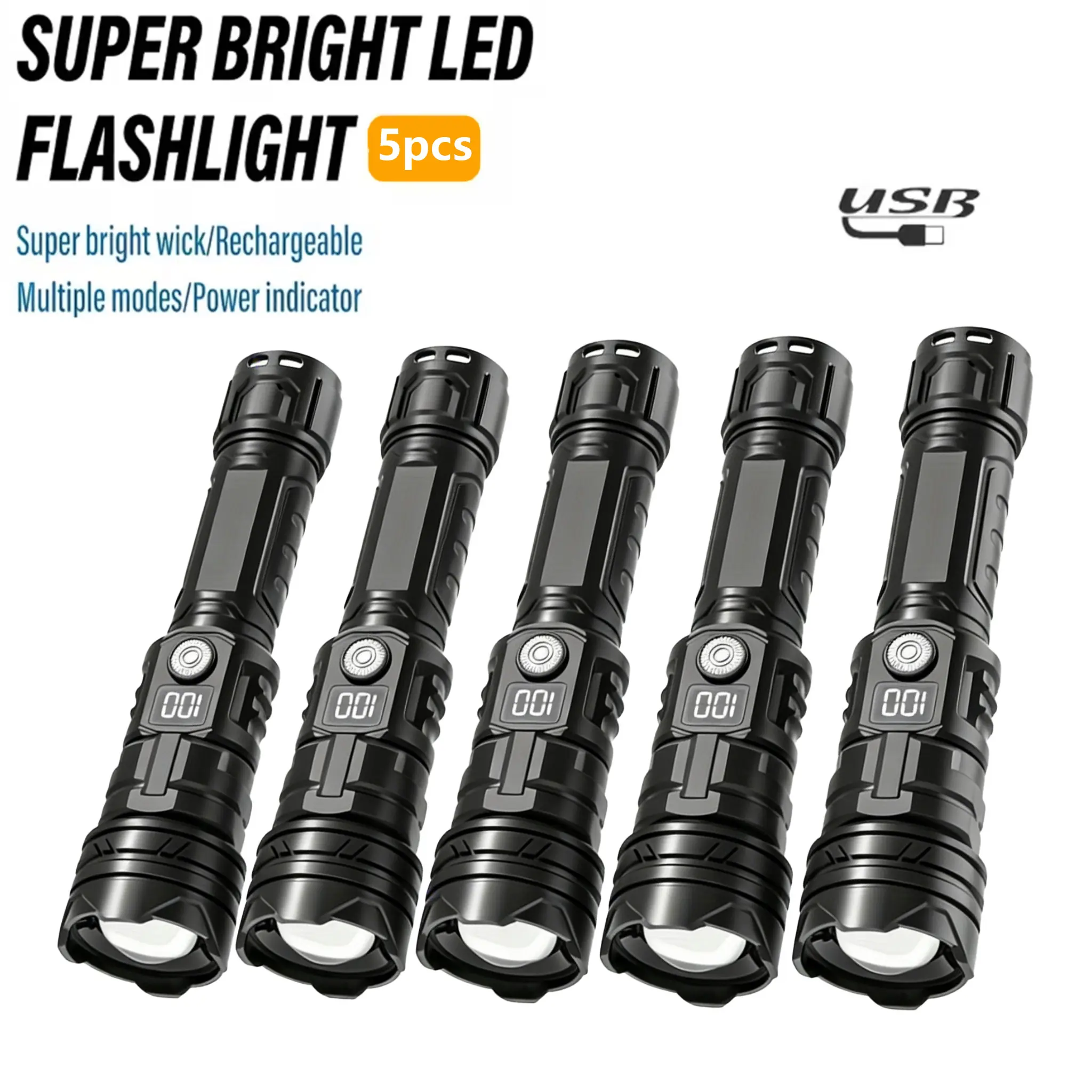 5pcs Zoomable Tactical Flashlight, 3 Modes Compact Portable Pocket Light, Waterproof Dustproof ABS Housing, Anti-Slip Texture & Cool Mechanical Look, Multi-Functional Outdoor Lamp for Camping Essential & Outdoor Survival