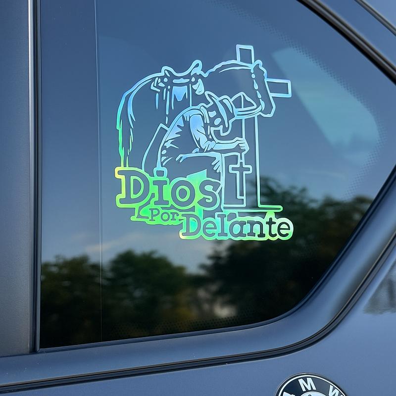 2Pcs Cowboy Dios por Delante Religious Holographic Car Decal - High Definition Waterproof Christian Cross Sticker for Laptops Hardhats Bumpers Helmets Cars & Gear, Texan Cowboy Car Sticker