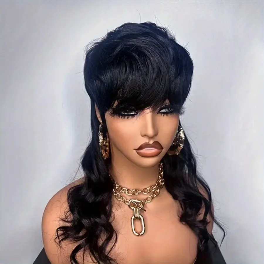 Daily Use 22Inch Body Wave Synthetic Heat Resistant Hair Replacement Curly Wig for Women Natural Black Mullet Pixie Cut with Bangs Halloween Cosplay Costume