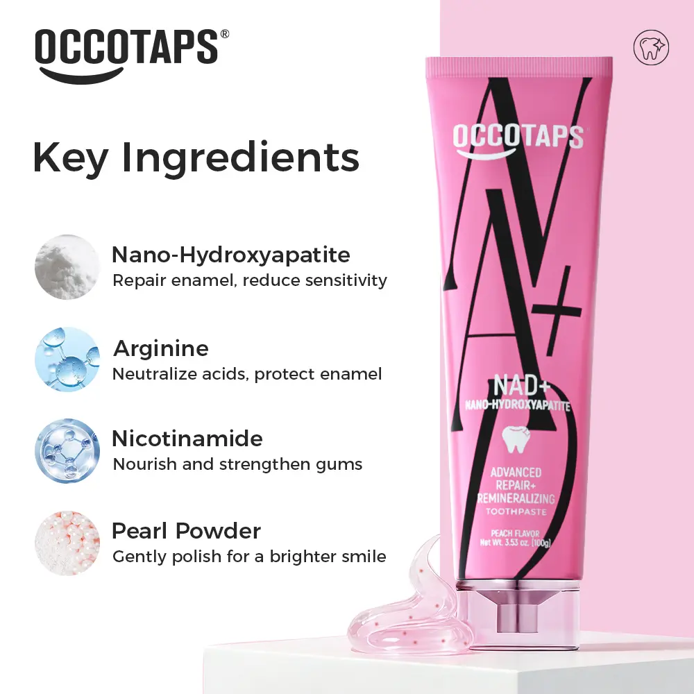 OCCOTAPS Nano Hydroxyapatite Toothpaste With NAD+ | Peach Flavor | Gum Protection & Enamel Repair | Brighten Teeth | Fluoride-Free