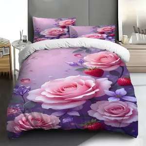 Three-piece bedding set - 2pcs/3pcs 2D Flat Spring Pink and Purple Floral Strawberry Pattern Duvet Cover Set (1 duvet cover + 1/2 pillowcases, no insert), multi-color printed bedding set, soft and comfortable, suitable for family bedrooms and guest rooms.