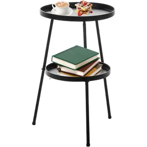 Outdoor Side Table 2 Tier End Table Metal Round Coffee Tables Nightstand for Small Spaces Indoor Outdoor and Living Room Bedroom or Office (Black) 15.2"D x 15.2"W x 20.1"H