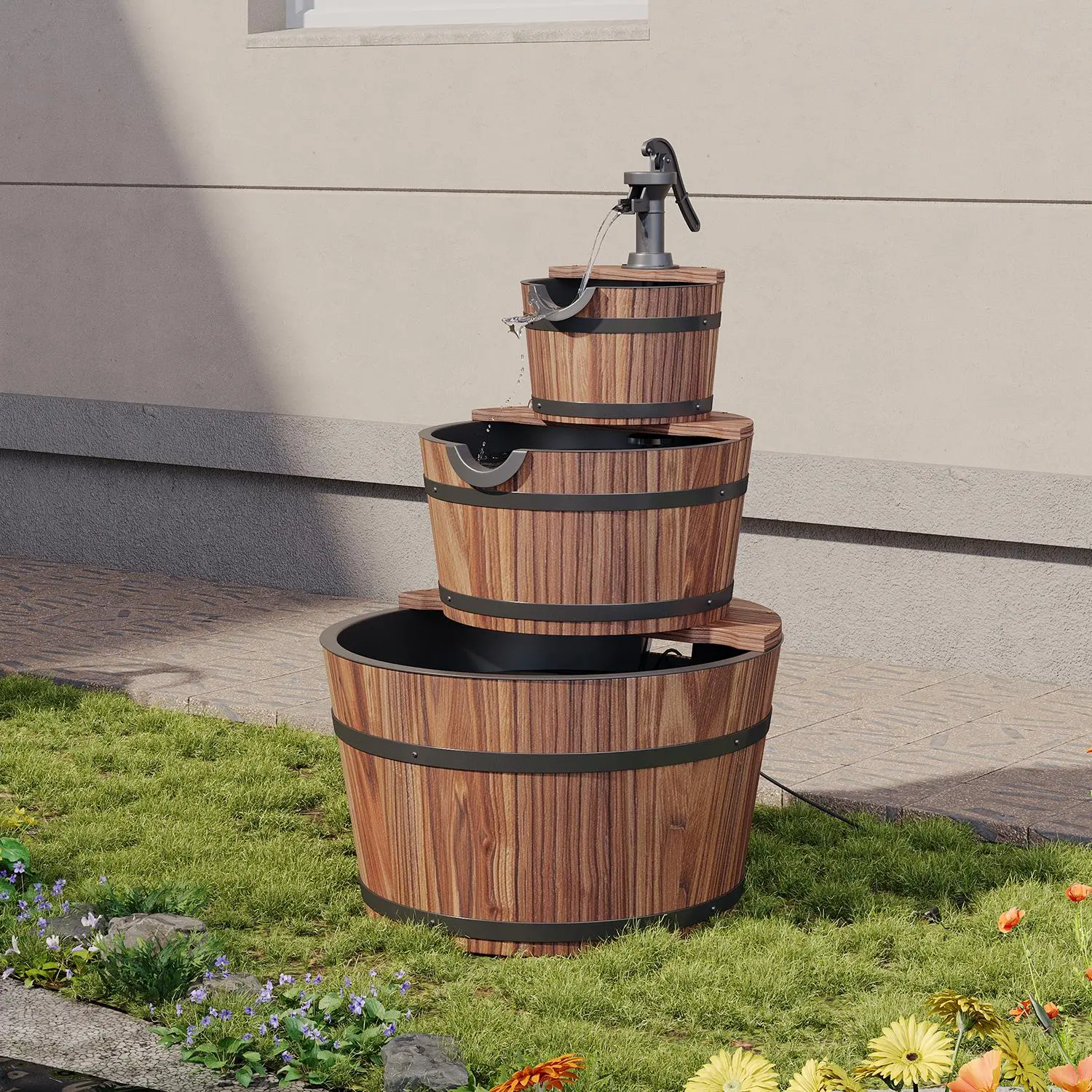 Aoxun 2-3 Tier Floor Standing Outdoor Cascading Water Fountain - Wood Barrel Shape, Electric Hand Pump, Astronaut Nebula Galaxy Star Projector Light, Garden Patio Decor