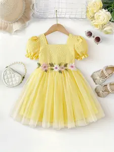 Girls' Mesh Princess Dress, Sweet Forest Style, Square Neck Bubble Sleeves, Textured Top, Floral Embroidery, Spring Summer