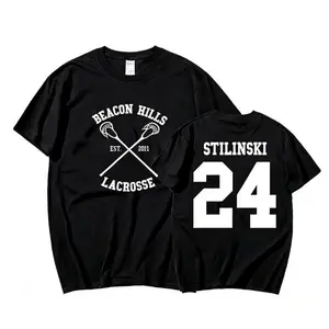 Front Back Two Side Beacon Hills Est.2011 Lacrosse Stick Number 24 Print Soft Cotton Short Sleeve, Teen Wolf Tv Show Fan Cotton Tee