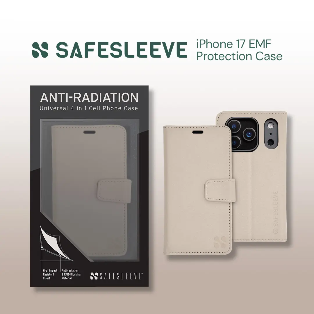 SafeSleeve Wallet Leather Case for iPhone 17 Pro Max EMF Blocker for Cell Phone with 3 Card Holder & Adjustable Stand – Magnetic Closure, and Magnetic Folio Protection for Daily Use