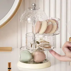High-End Rotating Makeup Storage Box, Transparent Jewelry & Cosmetic Organizer, Dustproof Desktop Display Rack, Stylish Powder Puff Holder, Rotatable Cosmetic Organizer