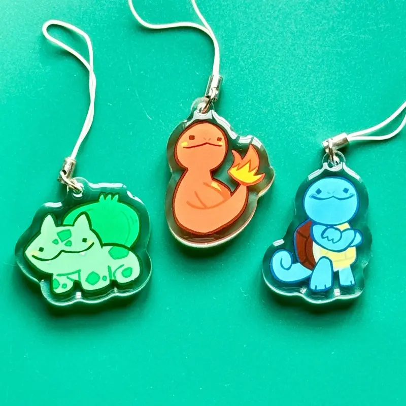 Pokémon Generation 1 Starters Cute 1.5” Acrylic Charms, Double-Sided Epoxy Collectible Key Chain Accessory, Key Chain Cute