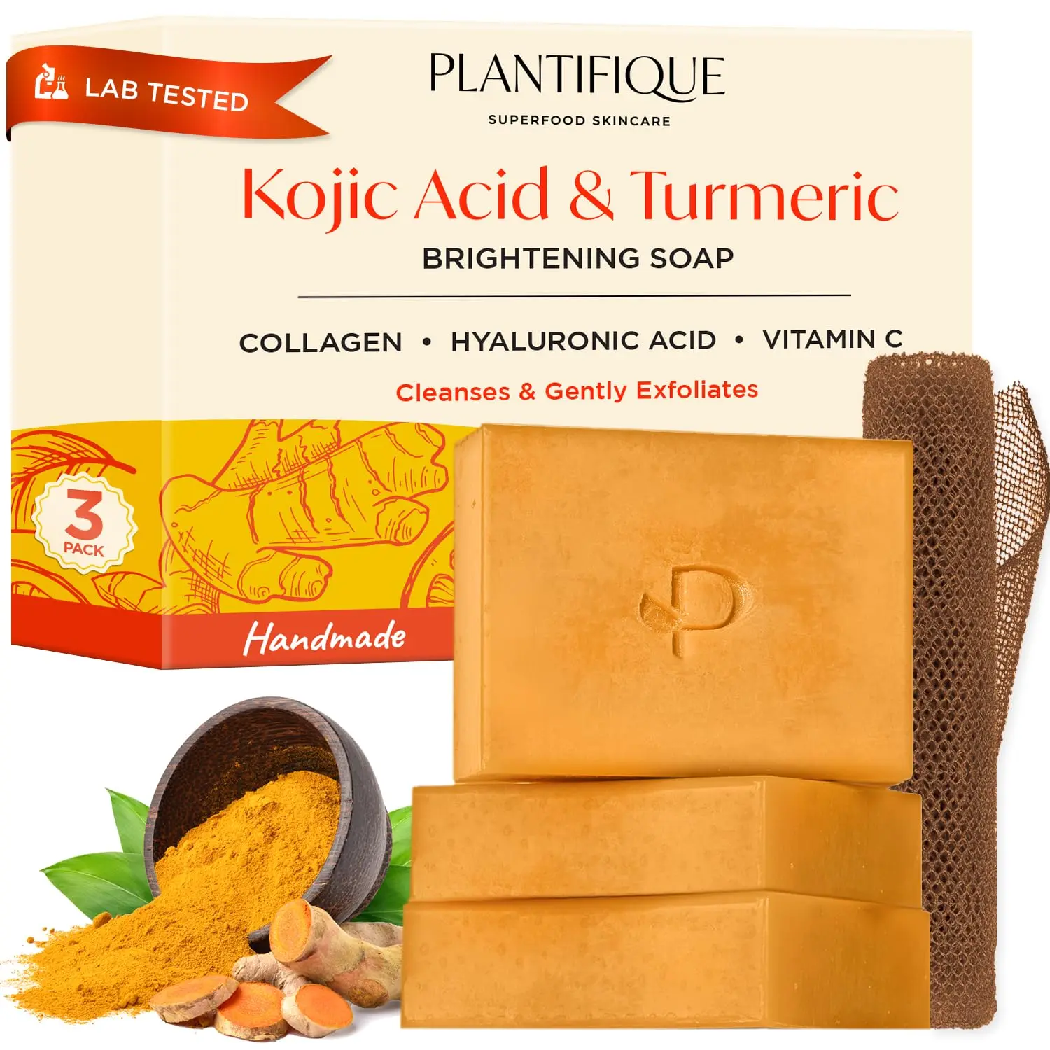 PLANTIFIQUE Kojic Acid and Turmeric Soap for Dark Spots - Lab tested – 2 Superfood Soap Bars with Hyaluronic Acid, Collagen, Vitamin C – Face & Body Wash, 5.64 oz