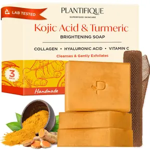 PLANTIFIQUE Kojic Acid and Turmeric Soap for Dark Spots - Lab tested – 2 Superfood Soap Bars with Hyaluronic Acid, Collagen, Vitamin C – Face & Body Wash, 5.64 oz