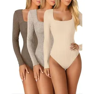 Women's 3-Piece Autumn Winter Knitted Fleece Lined Long Sleeve Jumpsuit Set, Casual Plain Color, Comfortable All-Season Wear Bodysuits