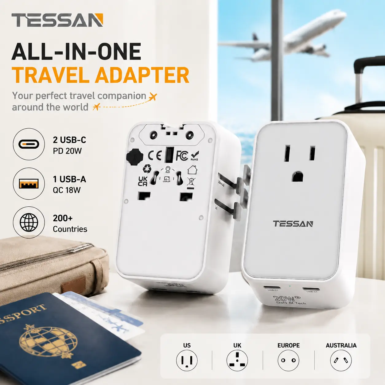 TESSAN Ultra Slim International Travel Adapter, 20W Universal Power Plug with 2 USB-C Ports & 1 USB-A, US to European UK Spain Italy England New Zealand, Type C/G/A/I