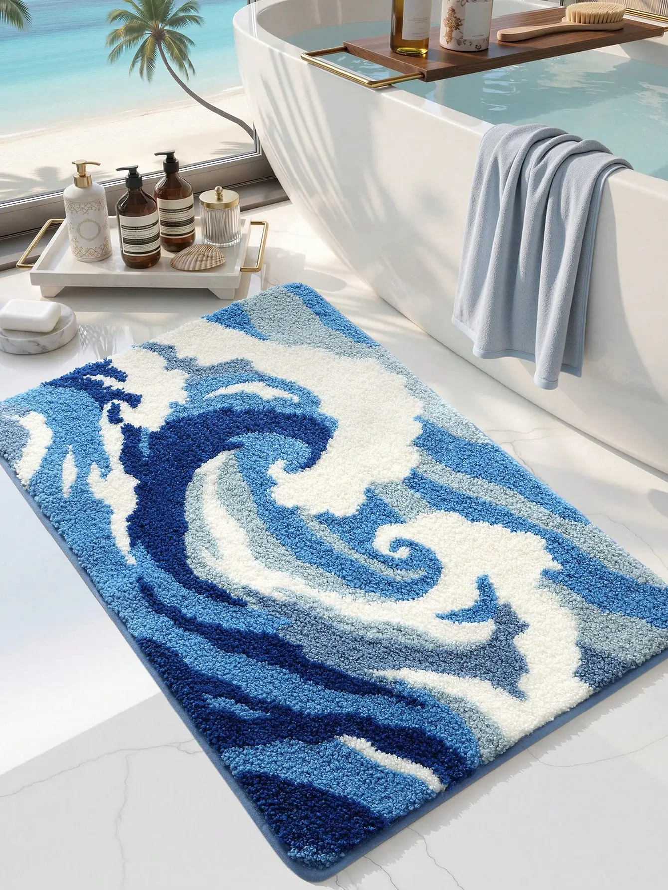Blue Wave Design Bath Mat for Modern Bathroom Decor Soft and Durable Non-Slip Rug for Enhanced Safety and Style