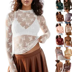 Women's lace mesh top long sleeved floral lace top transparent mesh stand up collar layered top, paired with denim collar and floral embroidery to create a fashionable layered effectRAIMENTRY