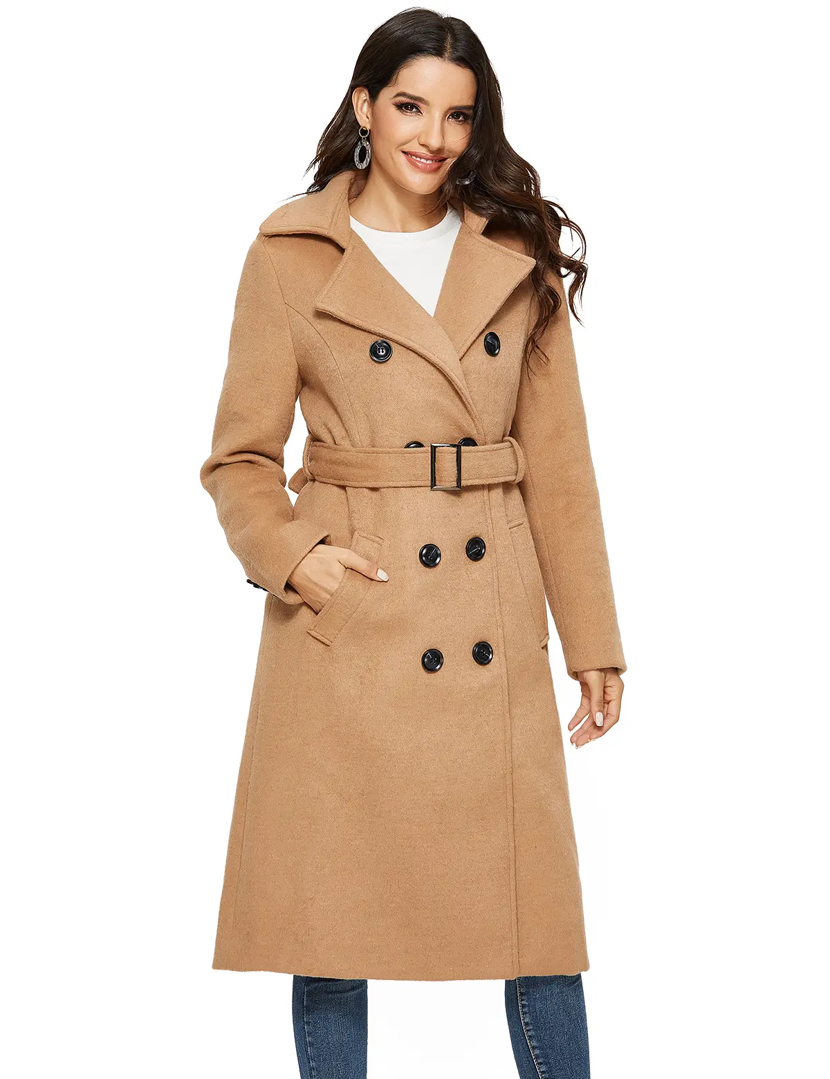 Women's Camel Wool Double Breasted Pea Trench Coat, Winter Long with Belt detachable jacket, Luxury Classy Chic Outerwear, Comfortable shearling coat cute  tops  women polished  women  outfits campingessentials