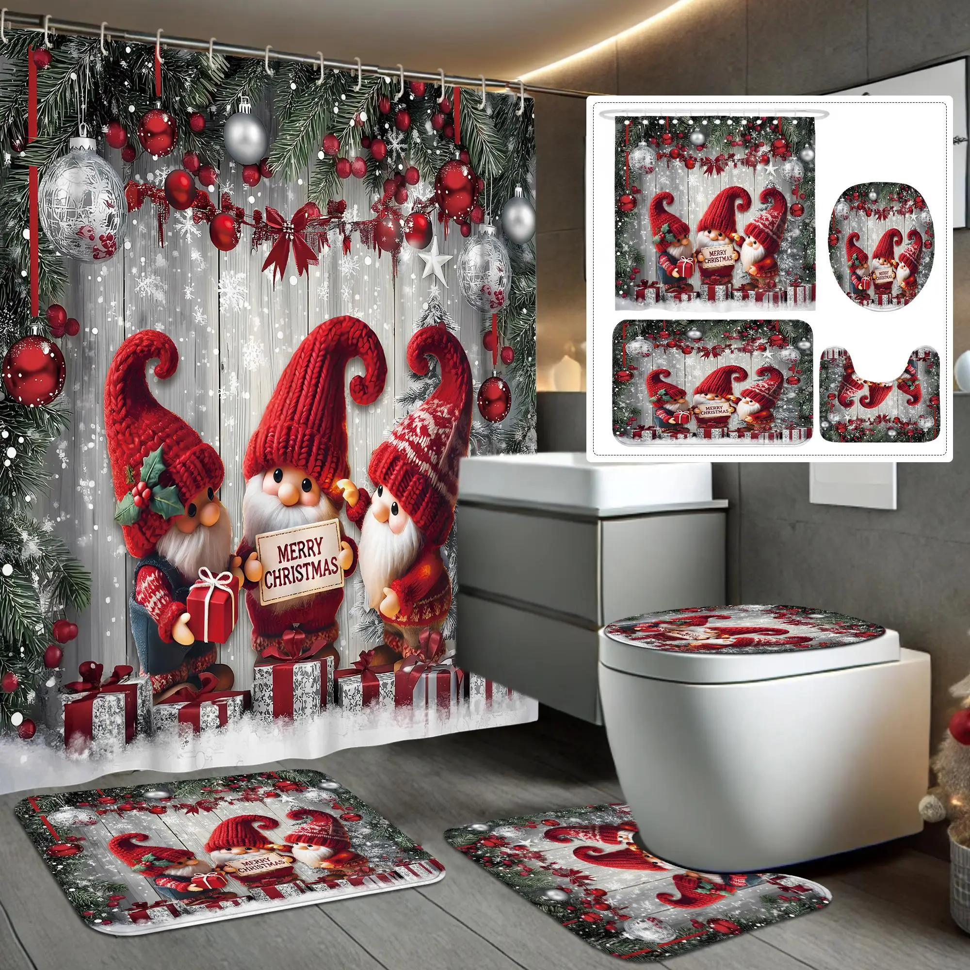 Christmas Themed Shower Curtain Set, 4 Counts/set Including Shower Curtain & Bath Mat & Toilet Mat & Cover Mat, Bathroom Decoration Supplies