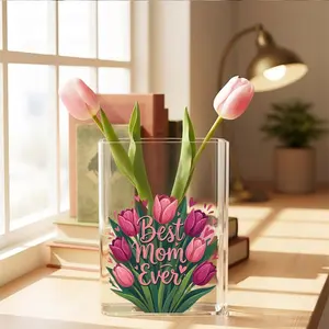1pc, Transparent Acrylic Book Vase, Suitable for Desk & Home Decoration, With Pink & Purple Tulips + Hearts Design, Ideal for Mother's Day Gifting, Elegant & Durable, Universal Size