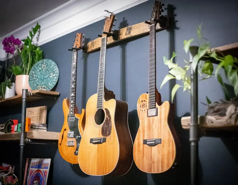Whiskey Barrel Stave Guitar Hanger - Customizable Size & Finish, Optional Barrel Hoop Accents, Handcrafted Wall Mount for Various Instruments
