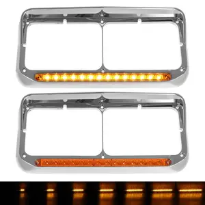 Partsam 2x Headlight Bezel with 12"  Sequential Light Strip Chrome Replacement for Kenworth Peterbilt Western Star Freightliner FLD Classic XL