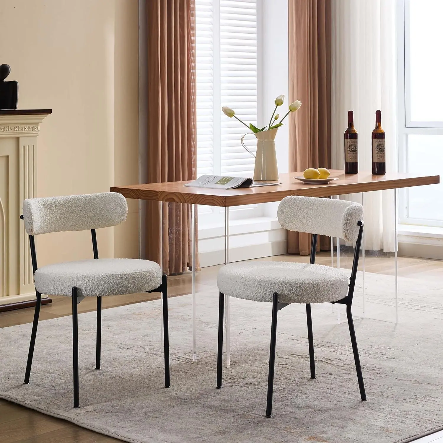 GARVEE Beige Boucle Dining Chairs Set of 2, Round Upholstered Dining Chairs with Curved Backrest and Black Metal Legs, Mid-Century Modern Dining Room Chairs for Kitchen, Living Room