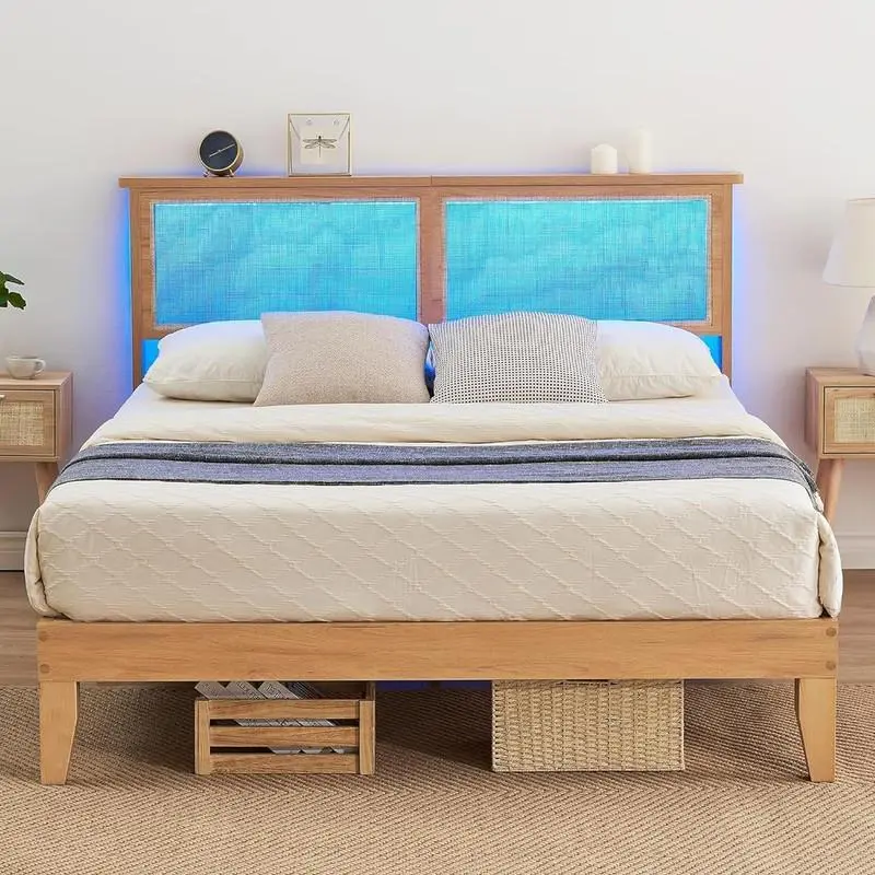 Queen Size Bed Frame with Rattan Headboard Full Size Bed Frame with LED Lights Storage Headboard No Box Spring Needed Easy Assembly Father's Day Gifts