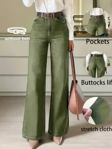 Wkwb Women's Olive High-Waisted Wide-Leg Jeans, Elastic Fabric, Front and Back Pockets, Butt Lifting Design, Loose Fit, All Sizes