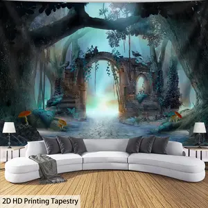 1pc Ultra Large Fantasy Forest Landscape Wall Tapestry - Aesthetic Polyester Print with Mystical Glowing Orbs & Lush Foliage, Perfect for Bedroom, Living Room, or Party Decor, Includes Free Hanging Clips