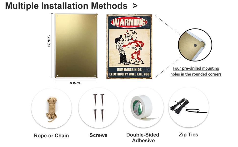 EMOHAT Retro Vintage Lightweight Electricity Safety Metal Tin Sign, Kids Warning Caution Wall Decor Plaque with Mount, 8x12in Wall Display for Home, Garage