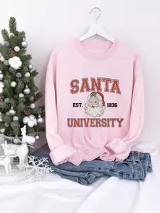 Women's Christmas Print Crew Neck Sweatshirt, Casual Santa University Print Long Sleeve Pullover, Women's Fall & Winter Clothes for Daily Wear