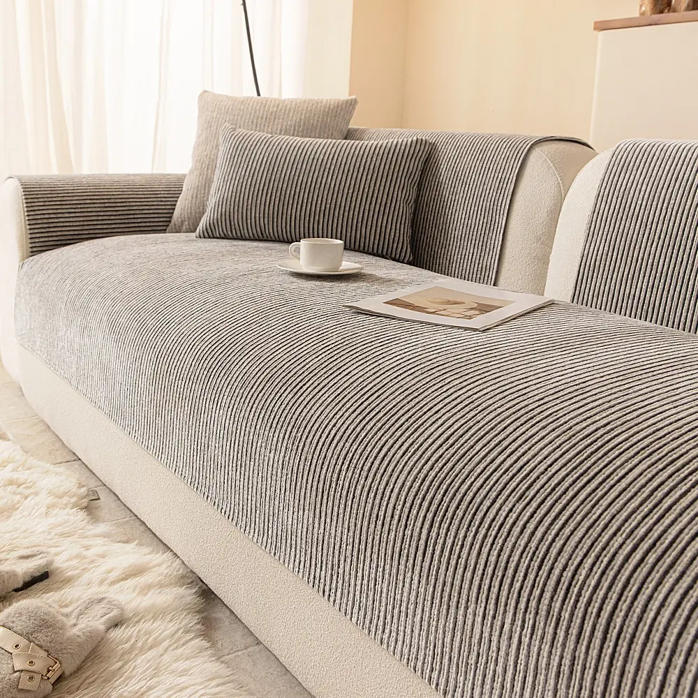 1pc Stylish Minimalist Chenille Sofa Cover, Striped Design - Non-Slip, Scratch-Resistant, Dustproof, Stain-Resistant & Pet-Friendly Couch Slipcover | Fits 1/2/3/4-Seater Sofas | All-Season Living Room Cover, Machine Washable