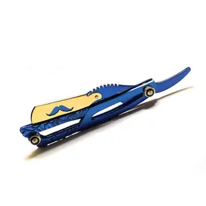 Men's Shaving Razor Blue and Gold Engraved Mustache Straight Edge Razor with Free Blade