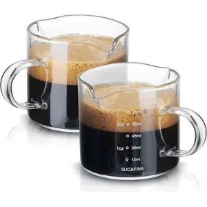 Espresso Cups Set of 2, 75ML Espresso Shot Glass with Handle Double Spout Cups Clear Glass Measuring Cup Coffee Accessories  for Making Coffee Desserts Salad Dressing