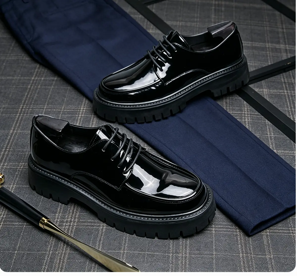 Men’s Black Patent Leather Loafers - Thick Sole, Non-Slip Outsole, Round Toe Dress Shoes for Business Work, Everyday Wear