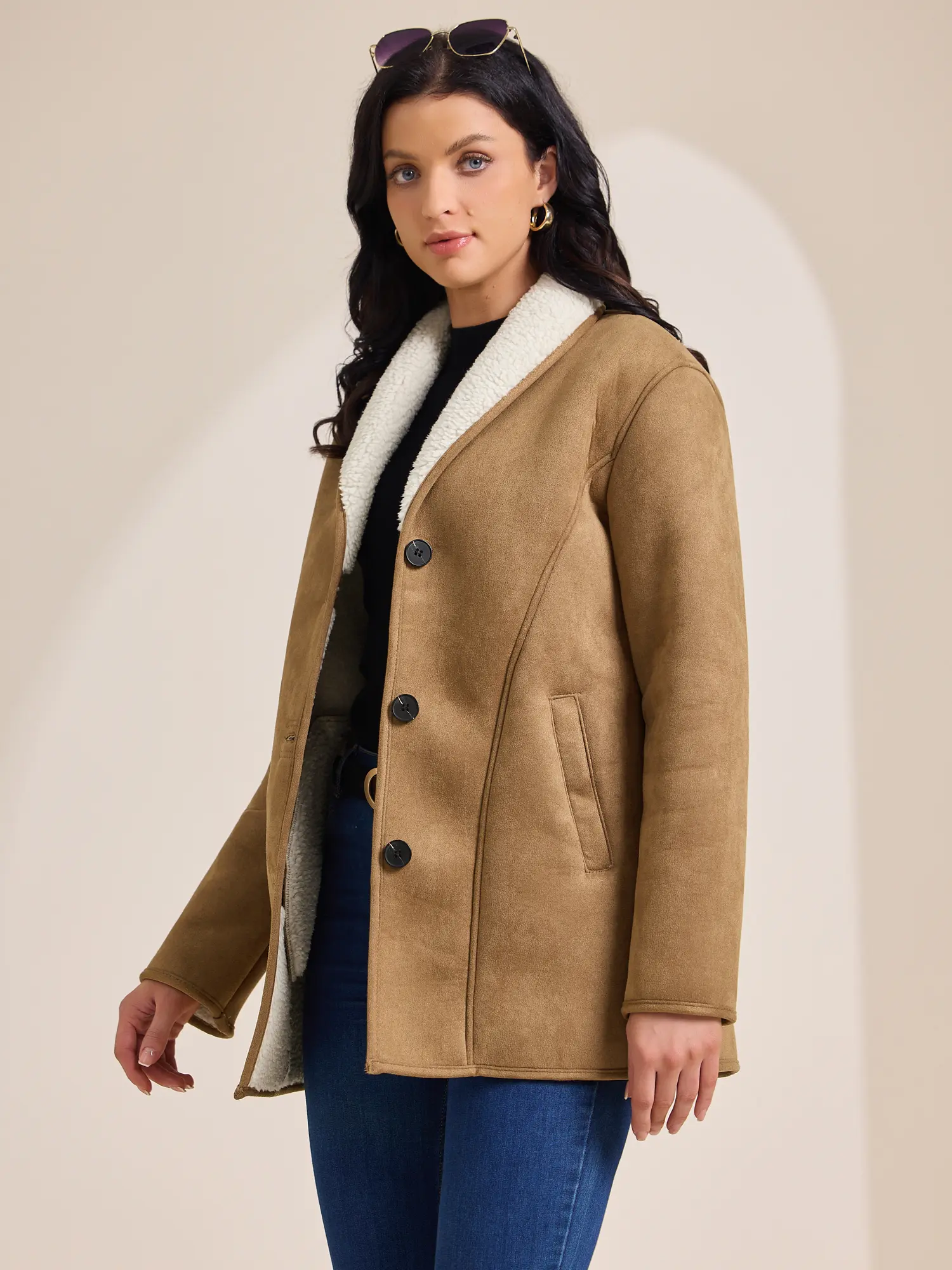 INSPIRE CHIC Women's Winter Suede Overcoat Button Down Lapel Fleece Jacket Winter Coats with Pockets