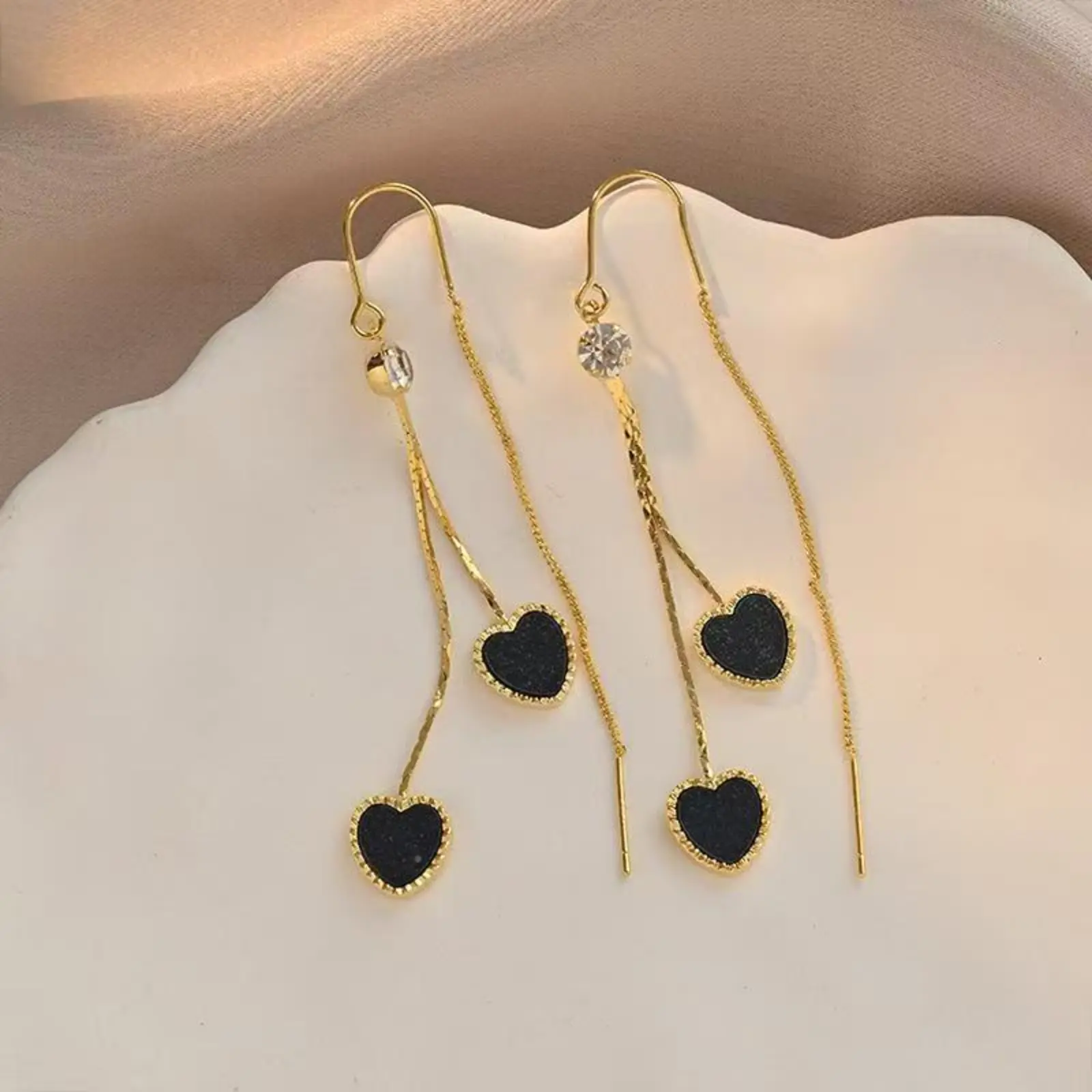 Black Heart Tassel Long Earrings - Statement, Artistic, Casual Style Fashion Costume Jewelry with Anti-Loss Ear Thread, Statement Earrings, Artistic Earrings