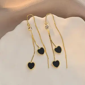 Sexy black heart-shaped tassel Long earrings, simple and versatile ear accessories, anti-loss ear thread