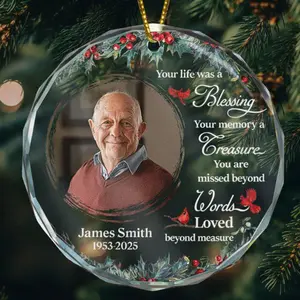 Personalized Memorial Ornament, Custom Photo Circle Glass Ornament, In Loving Memory Keepsake, Sympathy Gift for Loss of Loved One