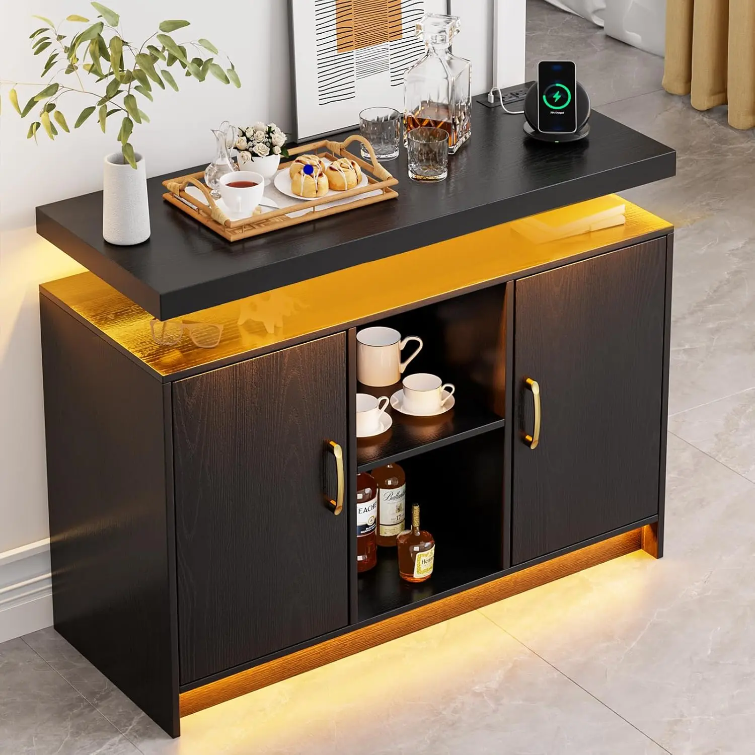 [Summerwins] HOMBCK LED Lights Buffet Cabinet, Sideboard Coffee Bar Cabinet with Charging Station, Adjustable Shelf, Buffet Cabinet with Storage #summer garden,fathers day gift ideas