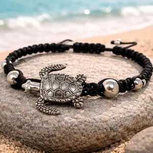 Sea Turtle Bracelet Adjustable Macrame Bracelet Silver Turtle Charm Unisex Blue Black Cord