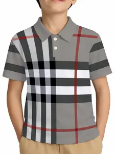 Boys' Colorblock Plaid Print Polo Shirt, Summer Breathable Casual Top, Slim-Fitting Short Sleeve, Geometric Pattern, No Zipper, Casual Style Shirt