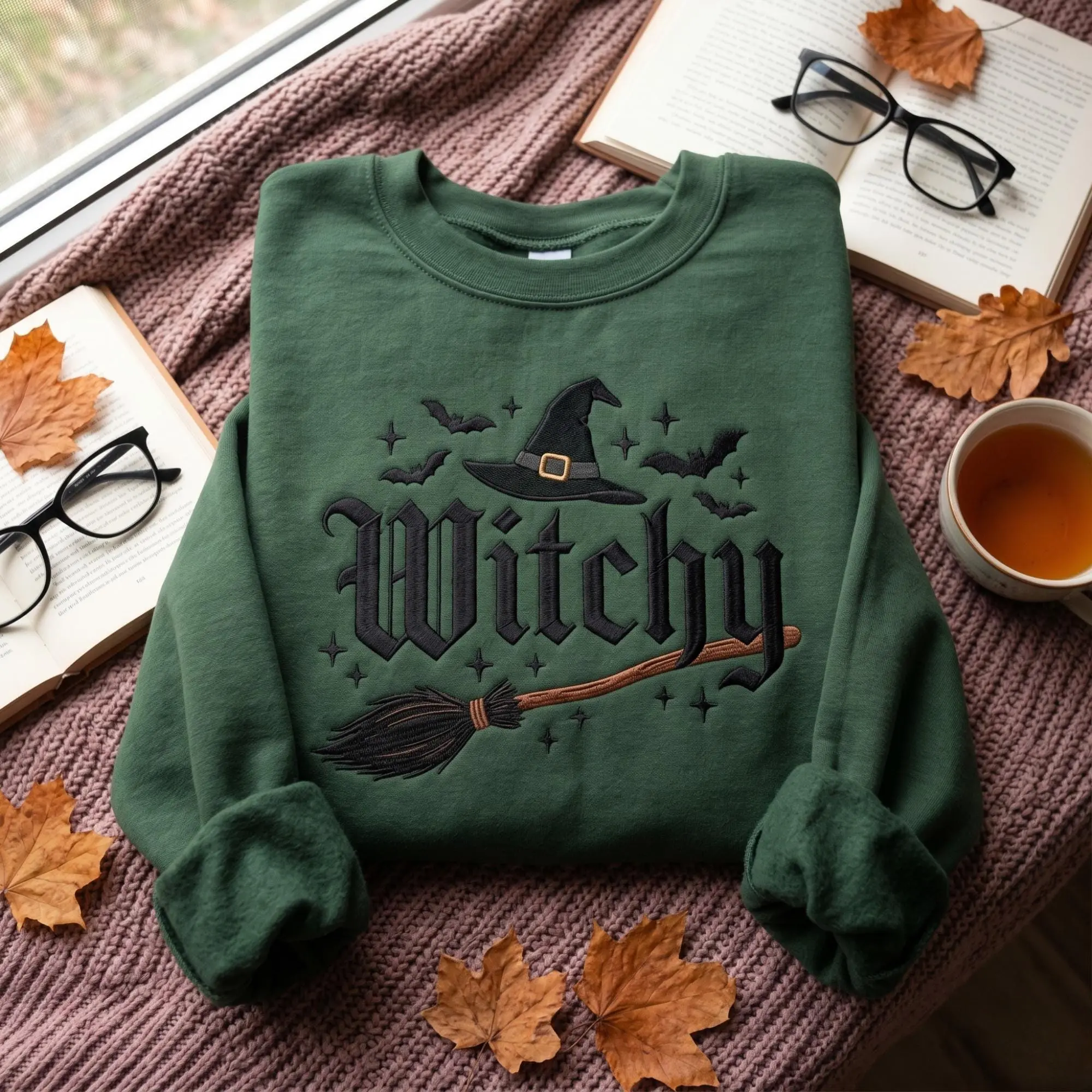 Embroidered Witchy Sweatshirt T-Shirt Hoodie, Witch Hat Broom Bats Embroidered Crewneck, Spooky Fall Halloween Gift, Witchy Coven Pullover for Women