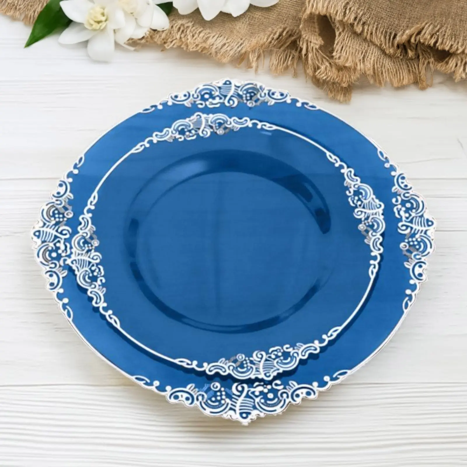 10-Pack 8" Round Transparent Navy Blue Plastic Disposable Plates with Silver Leaf Embossed Rim, Vintage Baroque Floral Party Plates for Home Wedding Festive Supplies, Vintage Plates